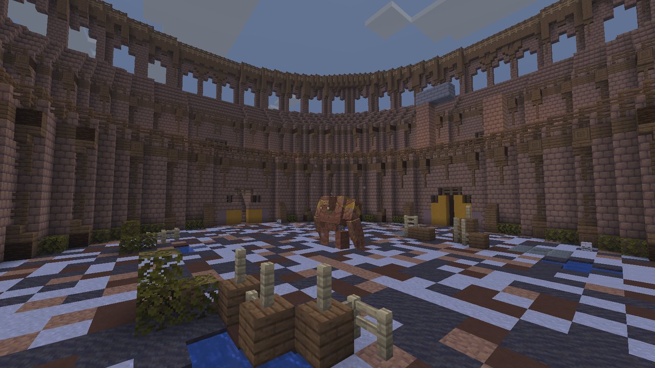 The Golem standing in the pit, the stands rising all round