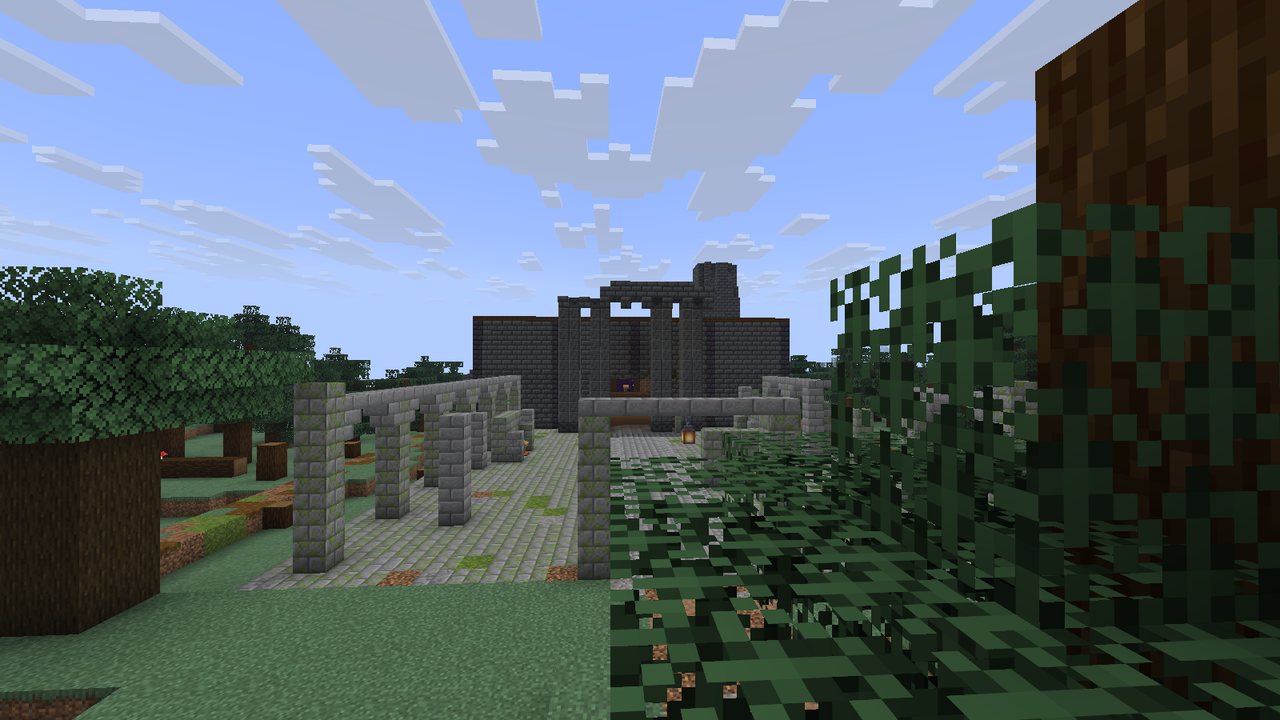 The Silent Library: the court with its broken arcade, and the ruined beis midrash behind it